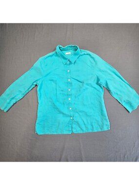 Talbots Womens Size Medium Large Button-Up Turquoise 100% Linen Shirt